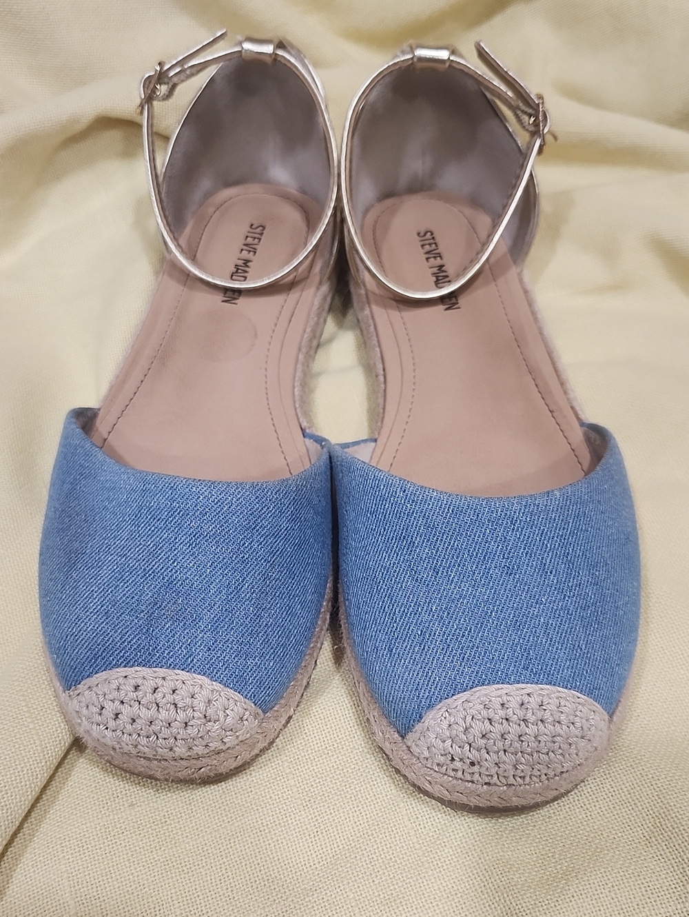 Steve Madden Light Blue Denim Espadrille Flats with Gold Ankle Strap